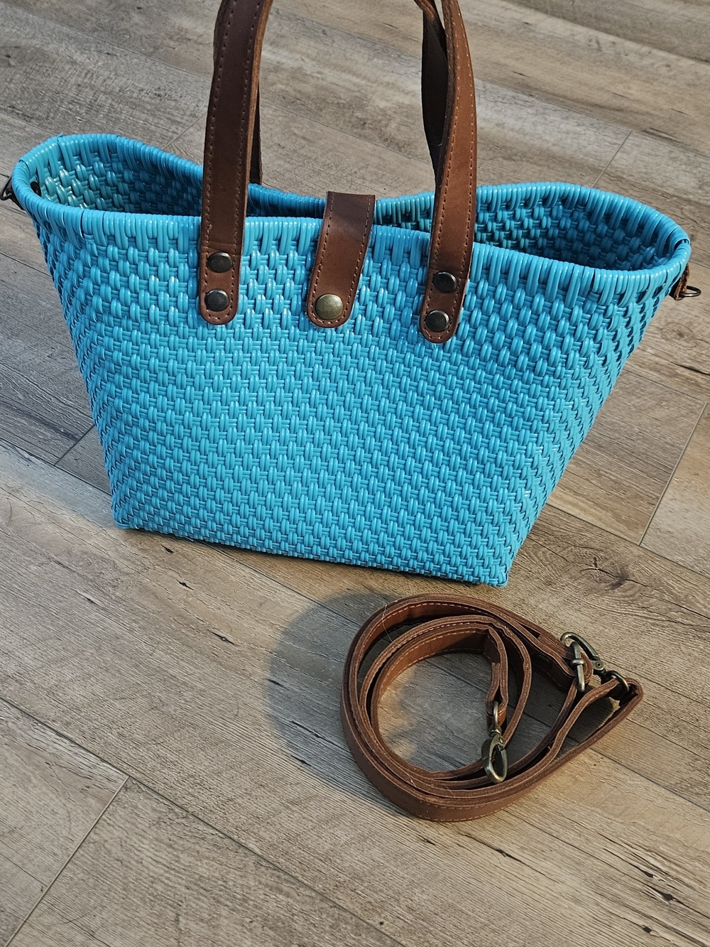 Teal Woven Tote Bag with Brown Leather Trim- Looks Differen In Post See Last Pic